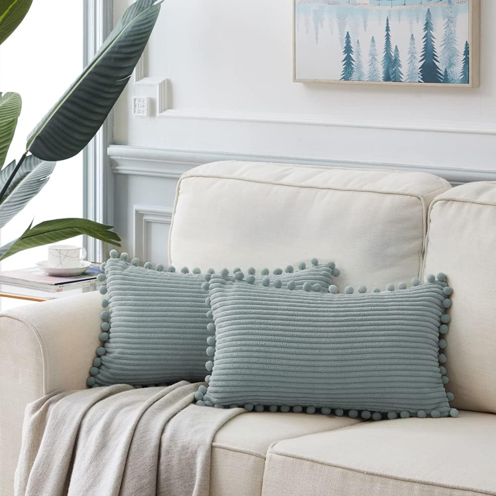 Fancy Homi Pack of 2 Farmhouse Lumbar Decorative Throw Pillow Covers with Pom-poms, Soft Corduroy Solid Rectangle Cushion Cases Set for Couch Sofa Bedroom Living Room (12x20 Inch/30x50 cm, Grey Blue)