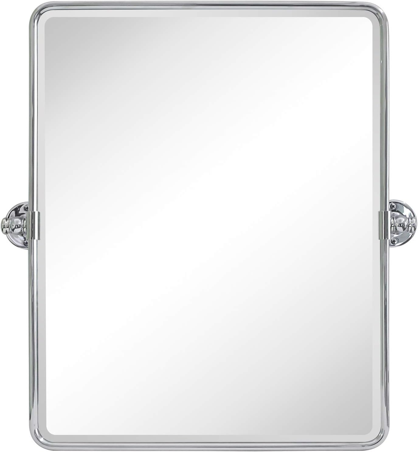 Farmhouse Chrome Metal Framed Pivot Rectangle Bathroom Mirror Rounded Rectangluar Tilting Beveled Vanity Mirrors for Wall, Overall 22.91 x 24 inches (Mirrror 19 x 24 inches)