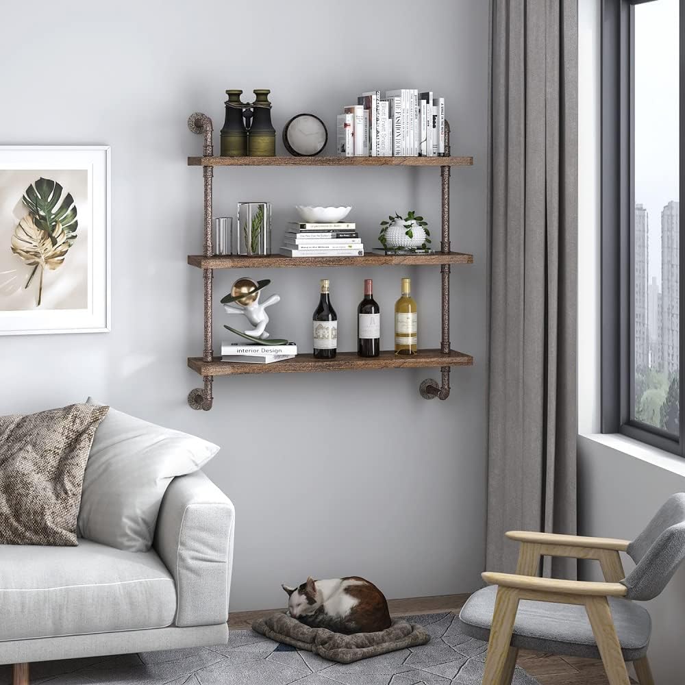 Helsin 3 Tier Industrial Pipe Shelf Rustic Wood Floating Shelves,Wall Display Bookshelf,Storage Rack Sundries Holder for Kitchen Office Bathroom Organization and Home Decor (32inch)