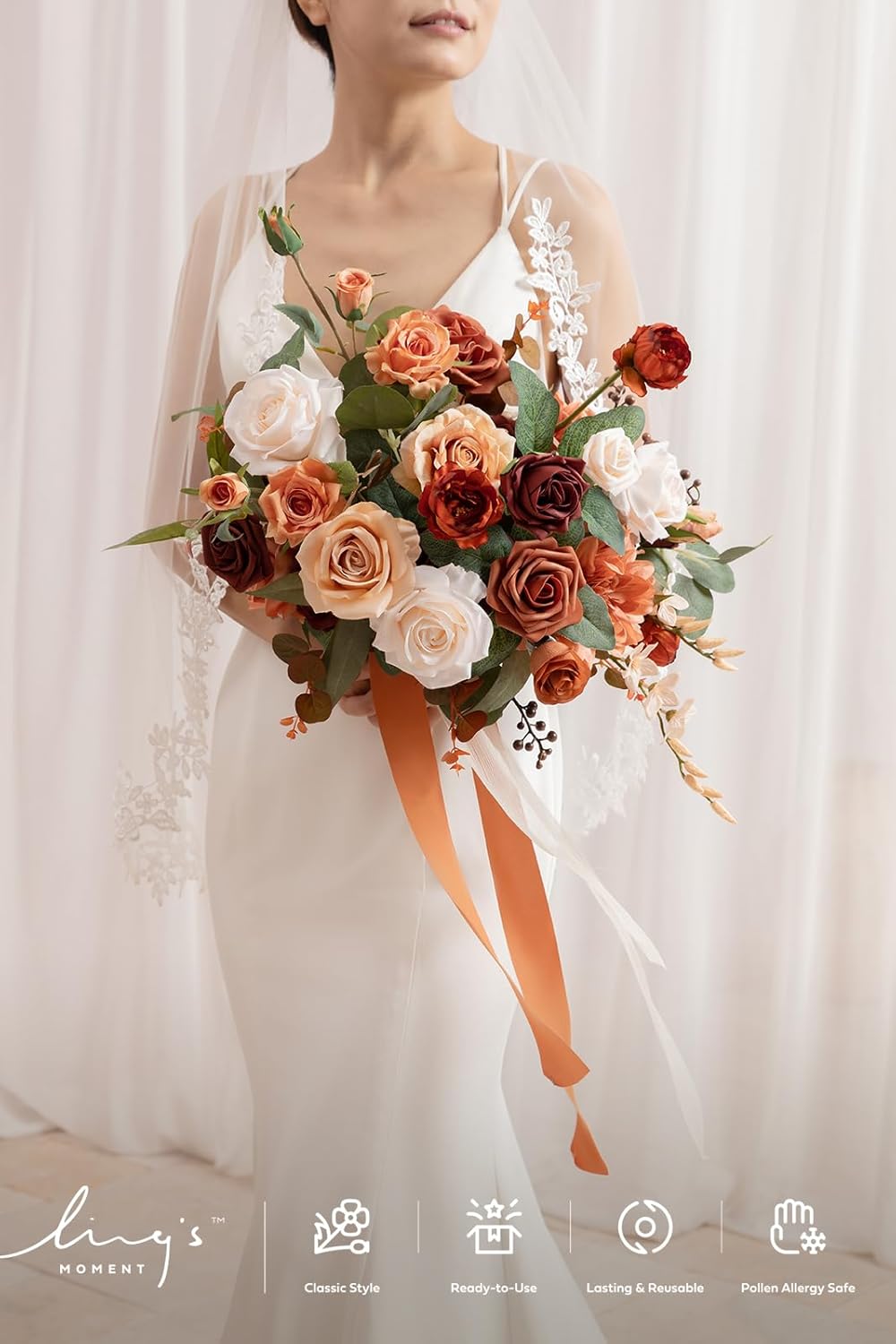 Ling's moment Terracotta Wedding Bouquets for Bride, Burnt Orange Bridal Bouquets for Bride, 15 Inch Free Form Artificial Wedding Flower Bouquet