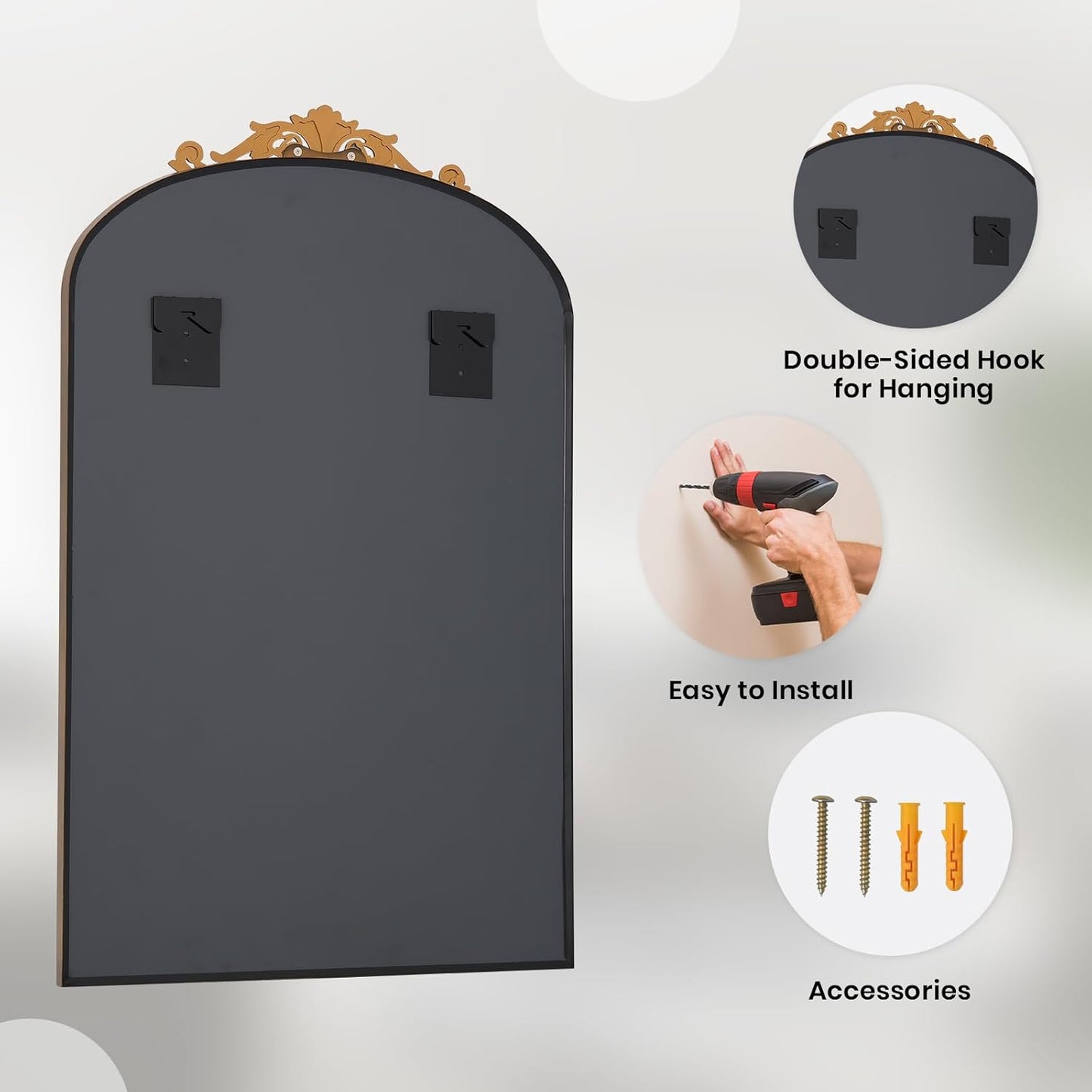 Filigree Arched Wall Mirror 22"x46" Retro Wall-Mounted Mirror with Vintage Ornate Carved Applique Hanging Leaning Antique Home Decor Mirror for Fireplace Living Room Entryway Hallway Bathroom, Gold