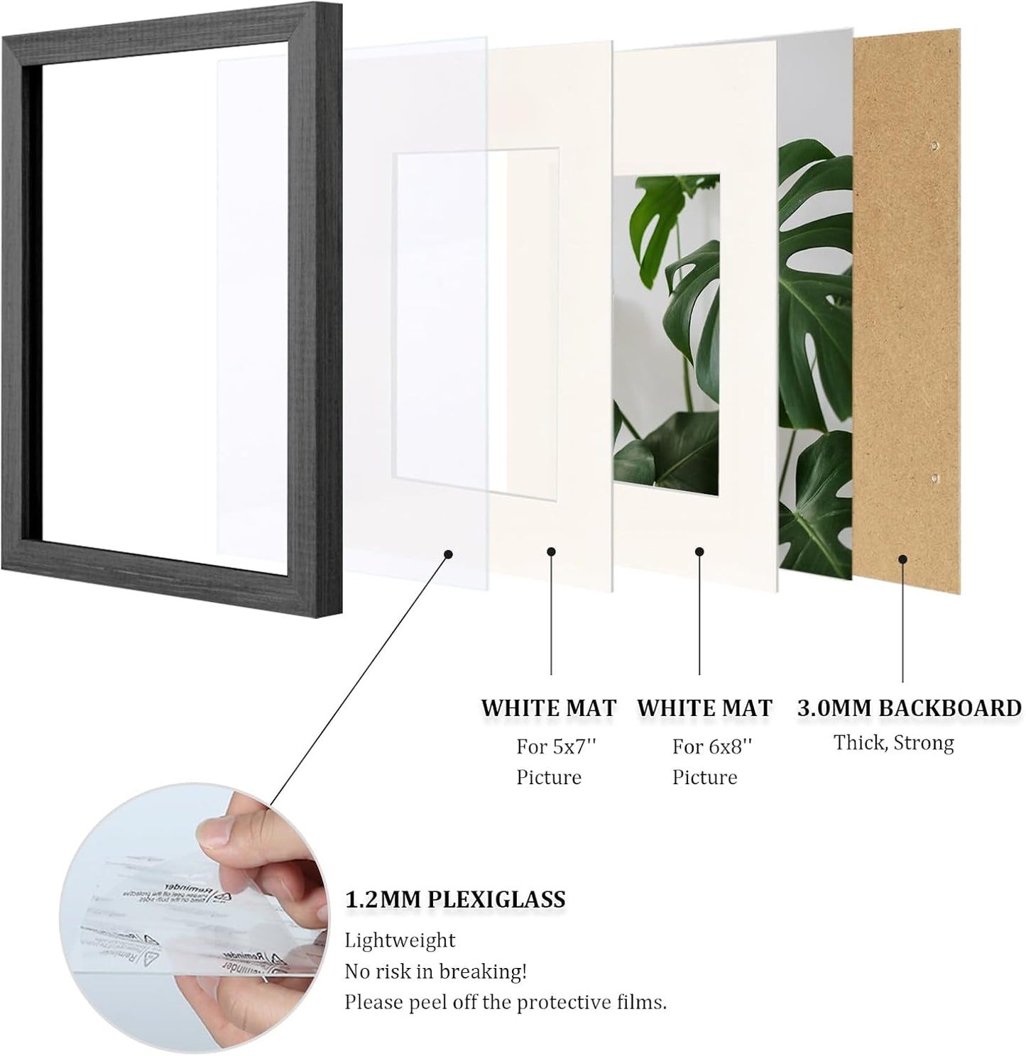 Egofine A4 Picture Frames Set of 4, Made of Solid Wood Covered by Plexiglass 4x6 and 6x8 with Mat or A4 without Mat, for Table Top Display and Wall Mounting Photo Frame Rustic Black