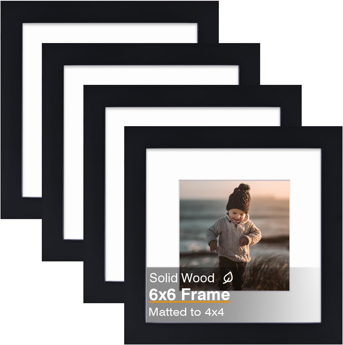 KINLINK 6x6 Picture Frame, Black Square Solid Wood Frames for Pictures 4x4 with Mat or 6x6 without Mat, Wall and Tabletop Display Photo Frames Black 4 Pack