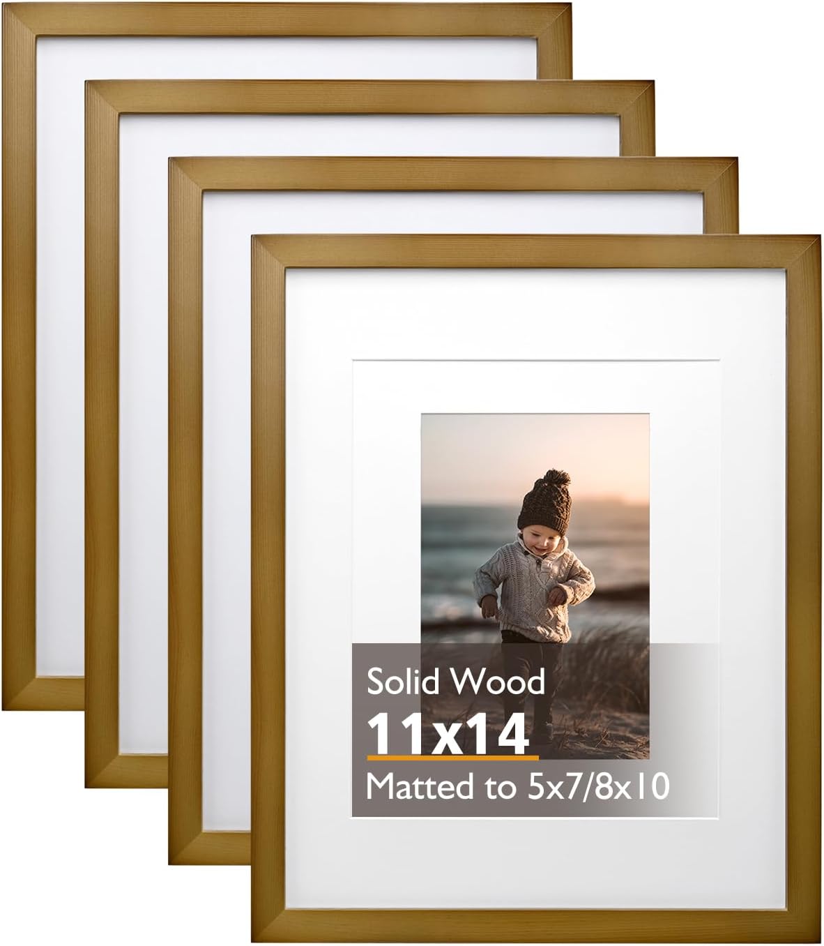 KINLINK 11x14 Picture Frame Brown, Solid Wood Frames with Acrylic Plexiglass for Pictures 5x7/8x10 with Mat or 11x14 without Mat, Tabletop and Wall Display, Set of 4