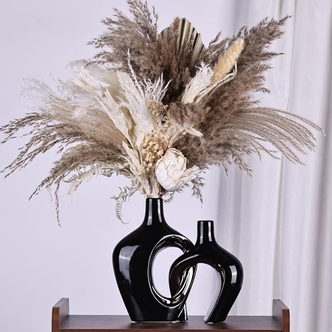 Black and Silver Hollow Ceramic Vase Set of 2, Modern Nordic Boho ins Style Aesthetic Decorative Flower Vase for Home Decor, Wedding, Living, Bedroom, Dining Table, Shelf, Mantle, Office Decor