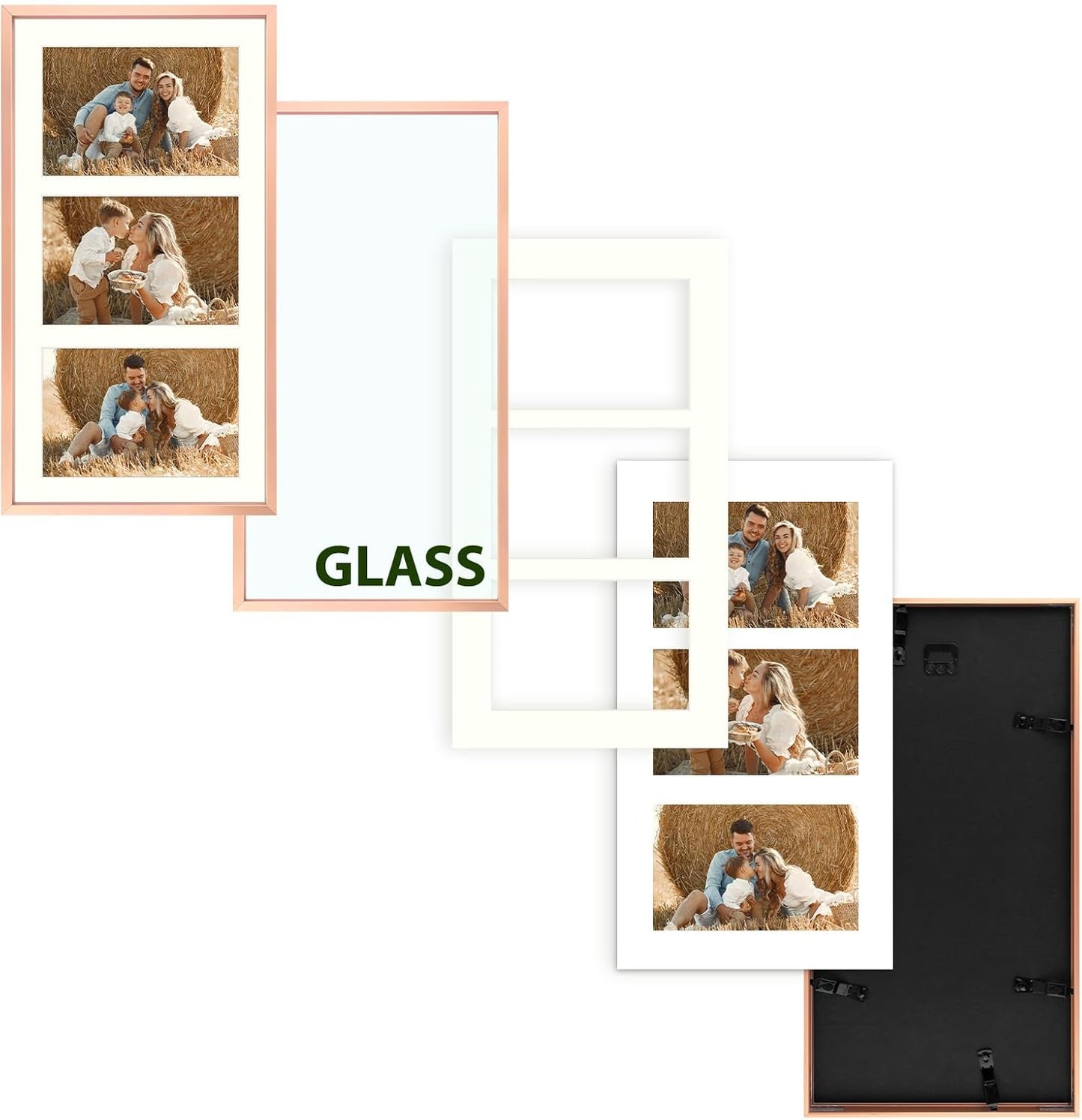 Frametory - 8.5x16.3 Aluminum Collage Picture Frame - Display 5x7 Pictures with 3 Openings Mat - Real Glass Front - Horizontal/Vertical Wall Mount - Rose Gold 1 Pack