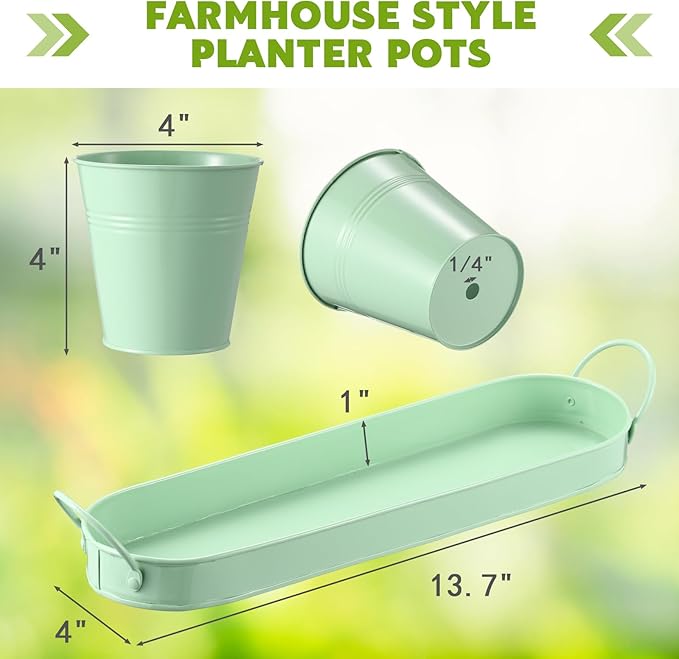 Hicarer 2 Sets Herb Planter with Tray Metal Herb Garden Planter with Drainage Farmhouse Windowsill Pots for Indoor Plants Flower Succulent Outdoor Kitchen Apartment Balcony Window (Green)