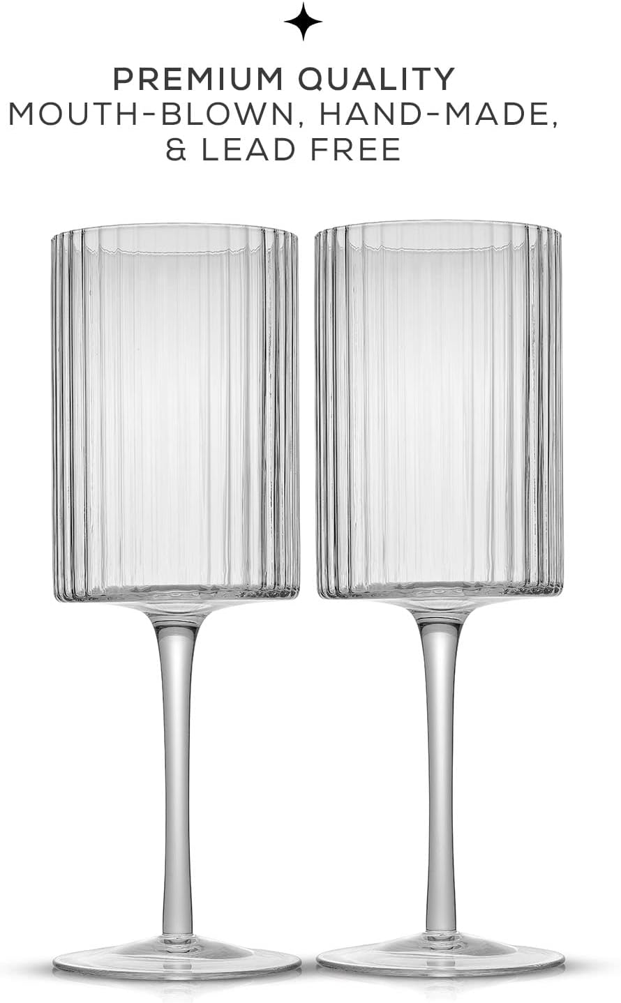 JoyJolt Elle Fluted Wine Glasses, 17.5oz Red Wine Glass Set of 2, Unique Stemmed Glass, Big Long Stem Cocktail Vintage Style Drinking Glasses