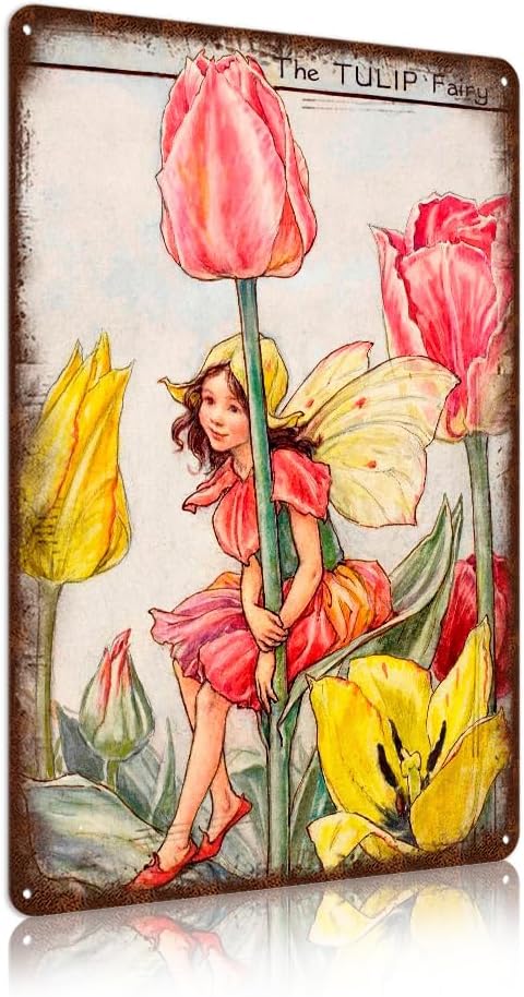 Flower Fairy Wall Decor Vintage Metal Tin Signs Fairy Garden Accessories - The Tulip