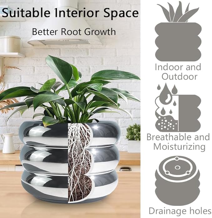 4.7 Inch Modern Plant Pot Silver Ceramic Glaze Succulent Planters for Indoor Unique Pots, Planter with Drainage Holes Small Bubble Porcelain for Herb Snake Plants