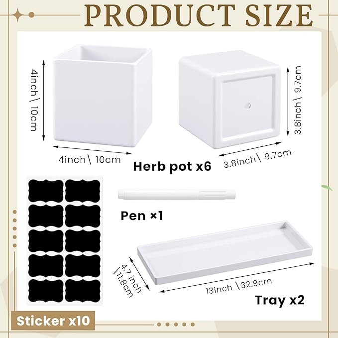 6 Pcs Herb Garden Planter Set Herb Garden Kit Indoor Plastic Plant Pots with Drainage and Saucer Succulent Cactus Vegetable Window Boxes Planter for Windowsill Indoor Outdoor Pots