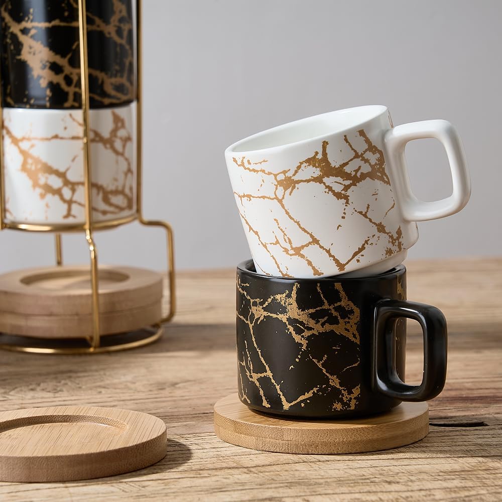 LUKA Porcelain Espresso Cup with Saucer and Metal Stand, 4 Ounce Stackable Ceramic Demitasse Espresso Mugs Cups Set for Latte, Specialty Coffee Drinks, Cafe Mocha - Set of 4, White & Black