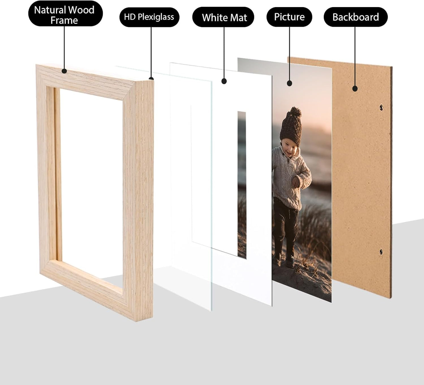 KINLINK 6x8 Picture Frame Natural, Solid Wood Frames with Acrylic Plexiglass for Pictures 4x6 with Mat or 6x8 without Mat, Tabletop and Wall Display Photo Frame, Set of 4