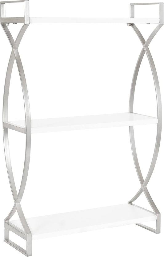 Kate and Laurel Arietta Modern Glam 3-Tier Wood and Metal Shelf; 18 x 7 x 28; White and Silver; Chic Contemporary Storage and Decor