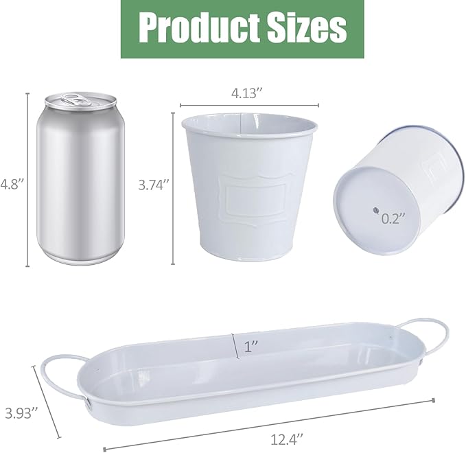 4" Herb Garden Planter Kit, Indoor Herb Planters with Tray, Set of 3 Metal Windowsill Pots for Flower Plants with Drainage Hole, Customizable Labels & Marker Pen, White