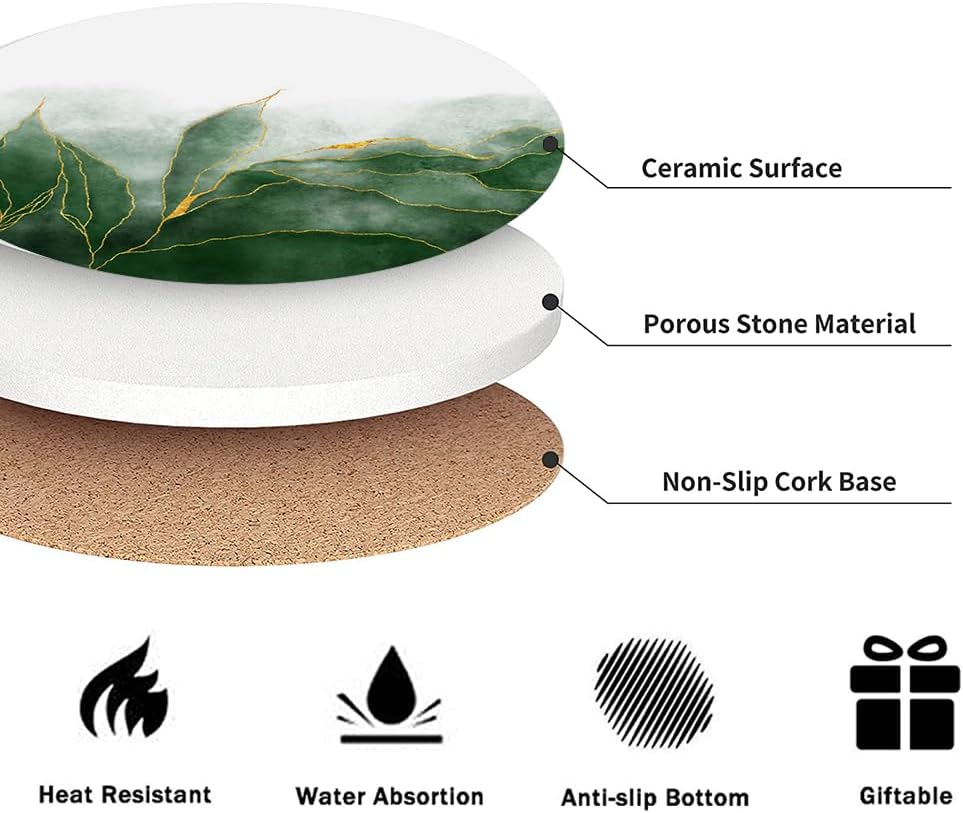 LOKMU Coasters for Drinks,Round Absorbent Ceramic Stone Coaster Sets of 6 with Metal Holder Stand,Green Paint and Golden Shiny Veins Coasters with Cork Base for Coffee Wooden Table,Housewarming Gifts