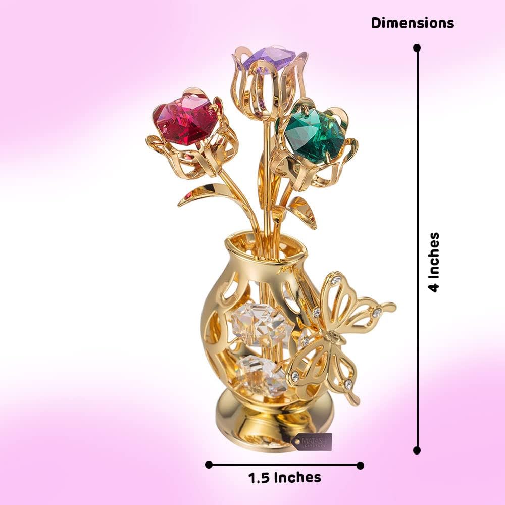 for Mom - Matashi 24k Gold Plated Flower Bouquet & Vase with Colorful Crystal Butterfly Figurine, Elegant Home Decorations - Unique Tabletop Ornaments, Ideal Gift for Mother's Day