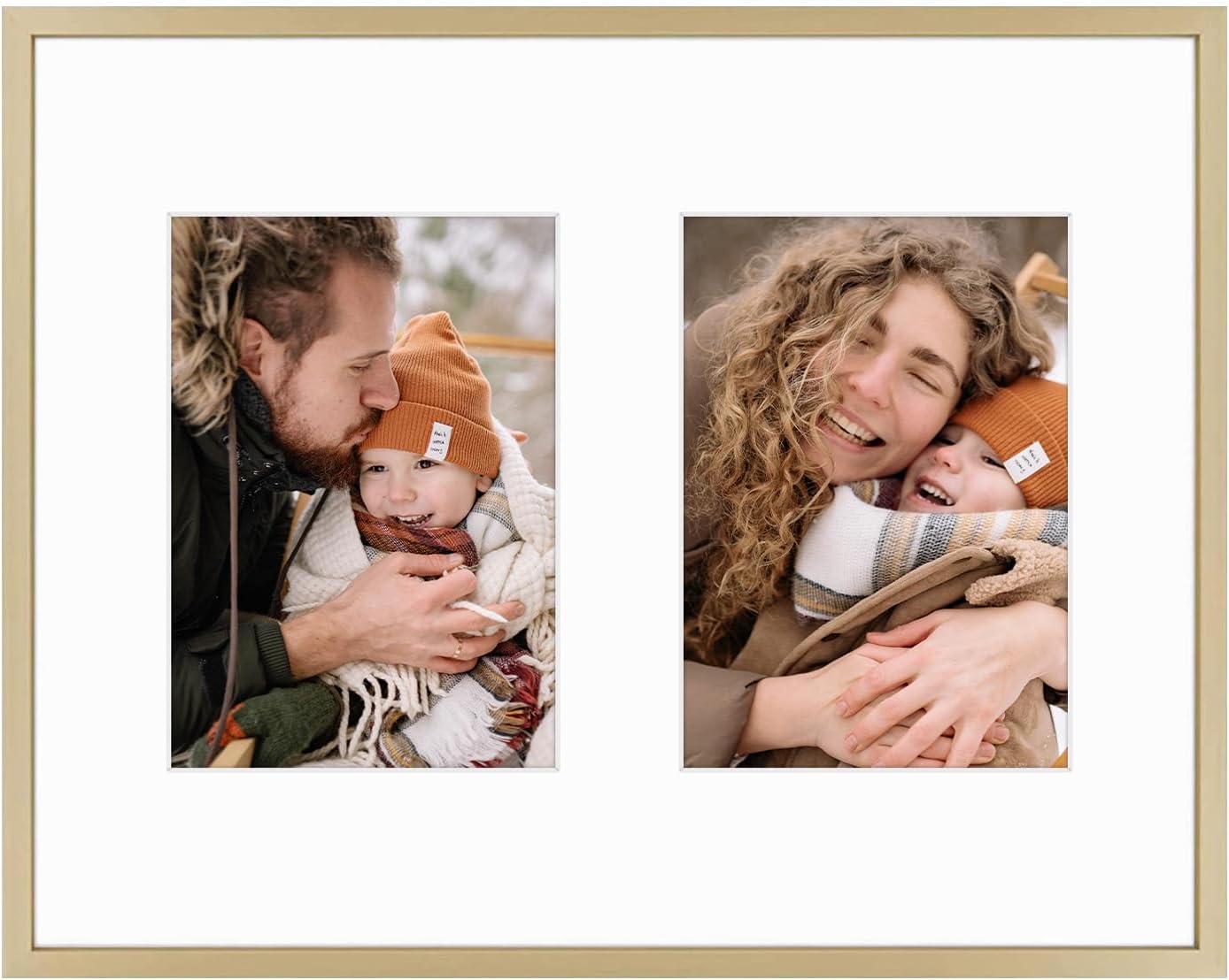 Frametory - 11x14 Aluminum Collage Picture Frame - Display 5x7 Pictures with 2 Openings Mat - Real Glass Front - Horizontal/Vertical Wall Mount - Gold 1 Pack