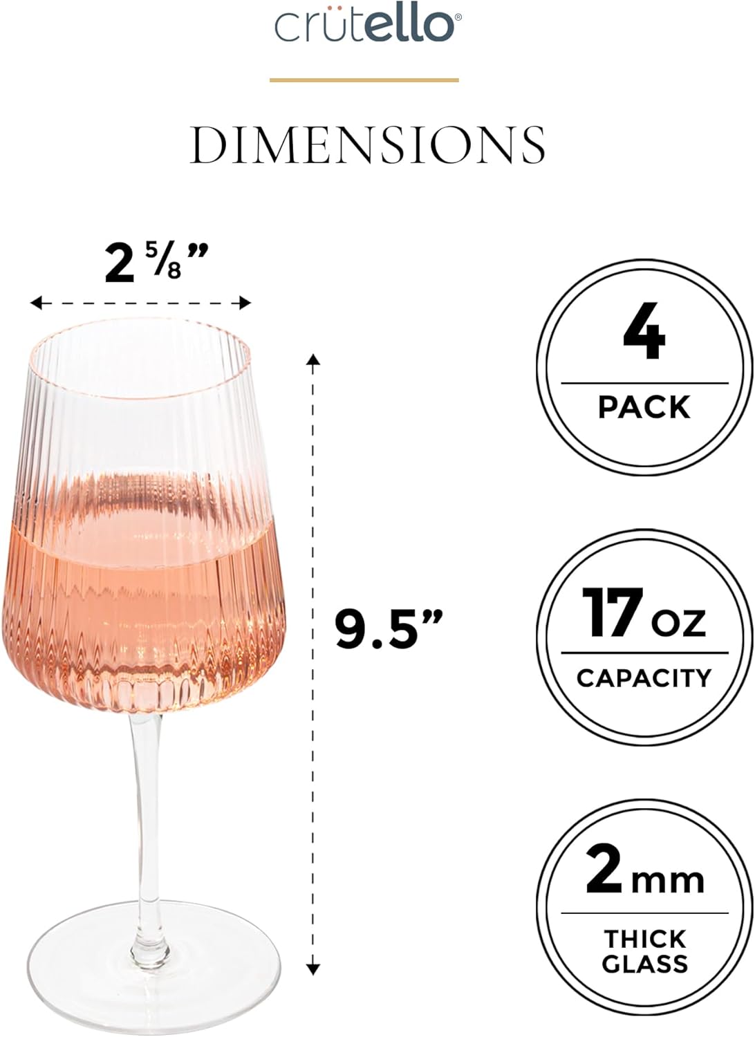 Crutello Modern Wine Glasses 17 oz Glassware, Set of 4, Unique Fluted Glassware with Vintage Ripple Texture, Art Deco Red or White Wine Fancy Glasses