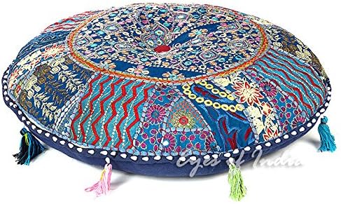 Eyes of India Round Floor Seating Meditation Patchwork Pillow Cushion Cover Colourful Decorative Throw Indian Bohemian Accent Boho Chic Handmade Cover Only (Dark Blue, 17" x 17")
