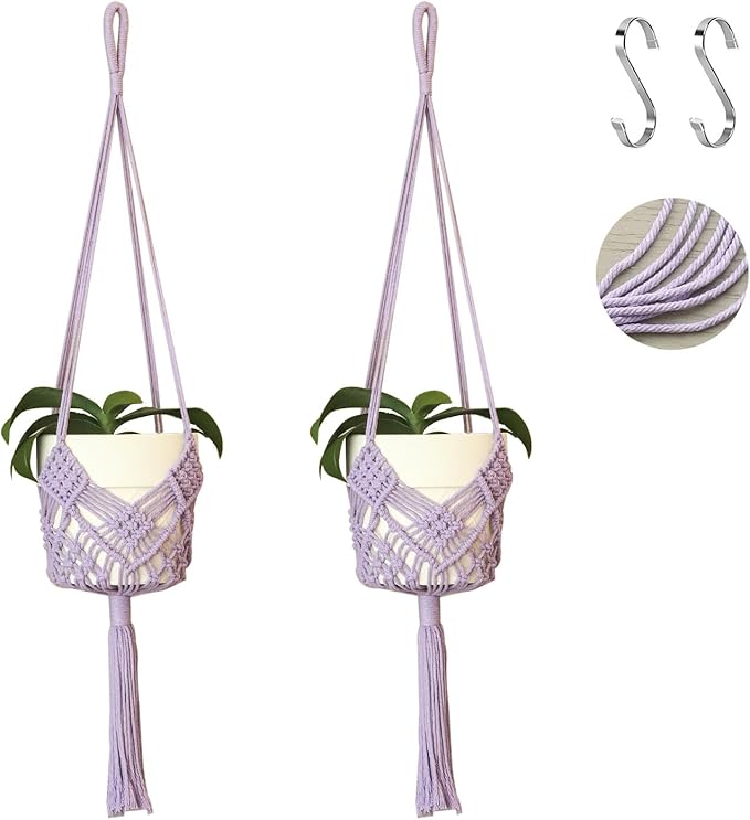 Hanging Planter with Patterns,2Packs Macrame Plant Hangers Indoor Macrame for up to 8 inch Pot Crochet Boho Plant Hanger Holder for Indoor Outdoor with 2S Shaped Stainless Steel Hooks (Purple)