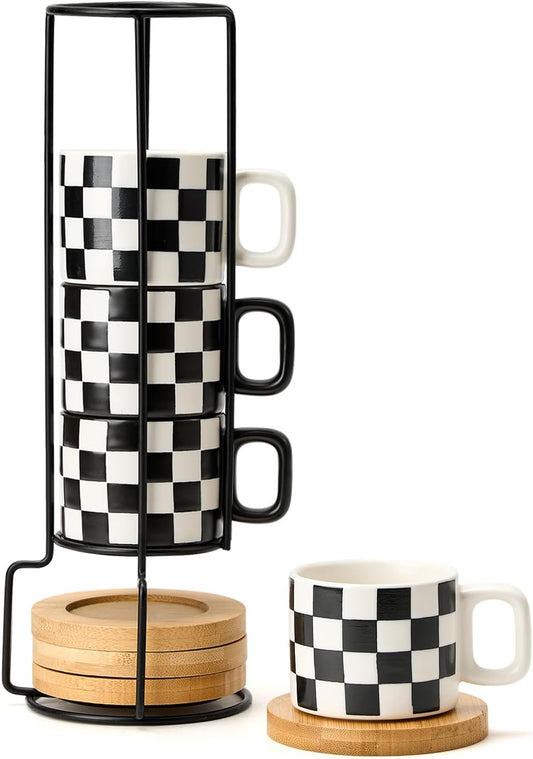 LUKA Ceramic Stackable Black and White Checkered Espresso Cups with Saucers and Metal Stand, 4 Ounce Small Demitasse Cups Set for Coffee Drinks, Latte, Tea - Set of 4
