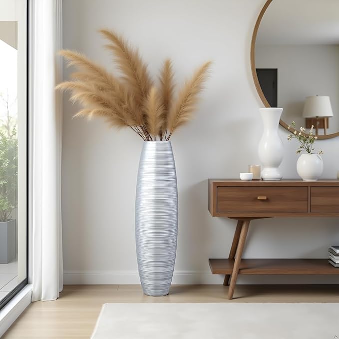 Tall Floor Vase, 27.5 inches (70cm, 2.3FT) Tall Vases Sturdy, Luxury, Textured for Decorative Branches Dried Flowers, Floor Vase for Rustic Living Room, Modern Decor, Resin Silver Vases