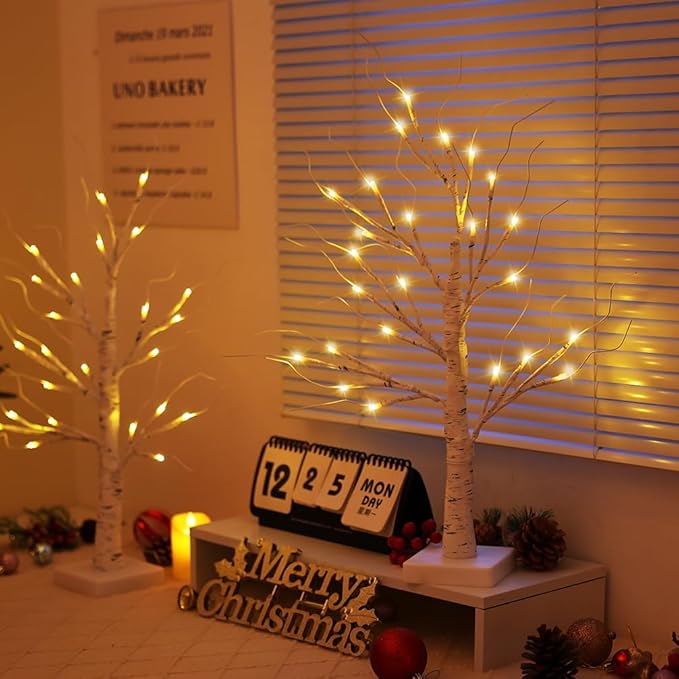 2FT Lighted Birch Tree,Christmas Decorations for Indoor,Table Top Christmas Trees with Lights,Dual Power USB or Battery,Lighted Tree for Winter Holidays Halloween Wedding Decor Set of 2