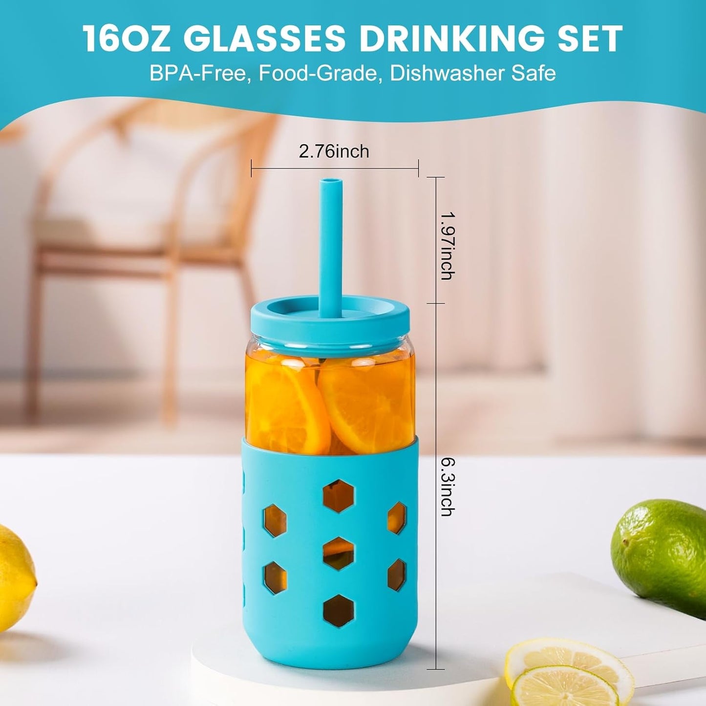 Glass Cups with Silicone Lids and Straws (4 Pcs), 16oz Drinking Glasses Set with Silicone Sleeves for Coffee Bar Accessories Iced Coffee Cups with Lids, Glass Tumbler Reusable for Gifts