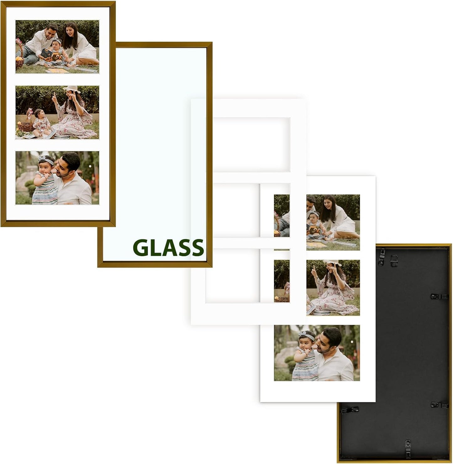 Frametory - 7x14 Aluminum Collage Picture Frame - Display 4x6 Pictures with 3 Openings Mat - Real Glass Front - Horizontal/Vertical Wall Mount - Bronze 1 Pack