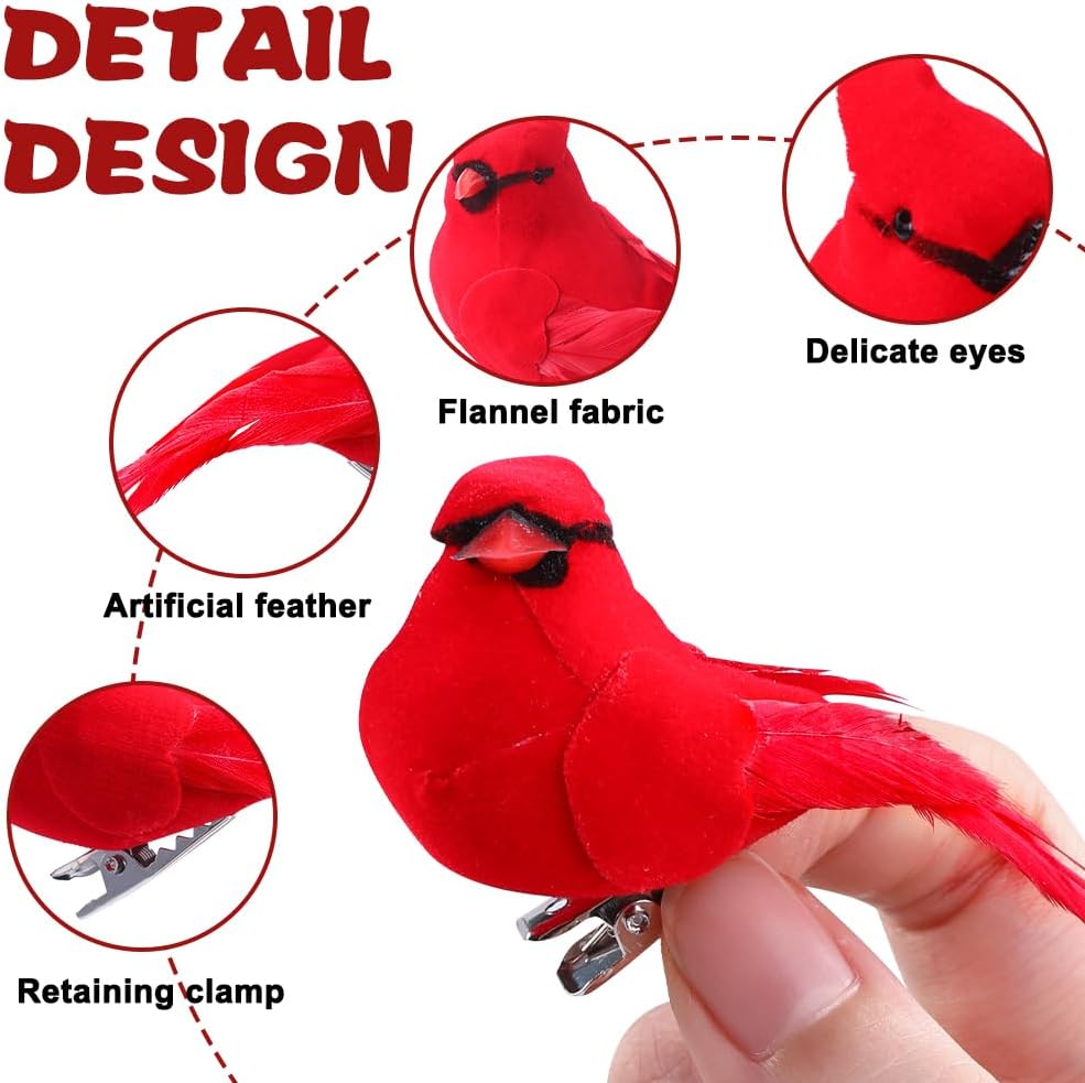 JOICEE 12 Pcs Cardinal Red Birds for Crafts, Mini Cardinal Artificial Tiny Red Birds Ornaments with Clip on Christmas Tree Decorations for Xmas Tree Wreath Yard Patio Home Decor