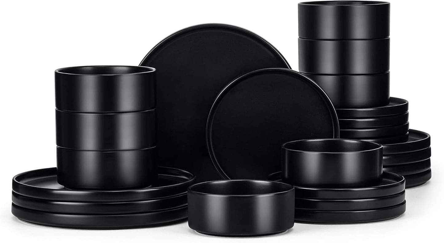 E-far Black Dinnerware Sets for 8, 24-Piece Stoneware Plates and Bowls Dish Set, Modern Kitchen Dinning Dishware, Chip and Scratch Resistant, Microwave & Dishwasher Safe, Matte Black