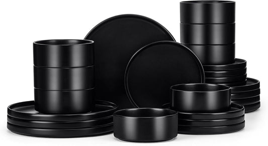 E-far Black Dinnerware Sets for 8, 24-Piece Stoneware Plates and Bowls Dish Set, Modern Kitchen Dinning Dishware, Chip and Scratch Resistant, Microwave & Dishwasher Safe, Matte Black