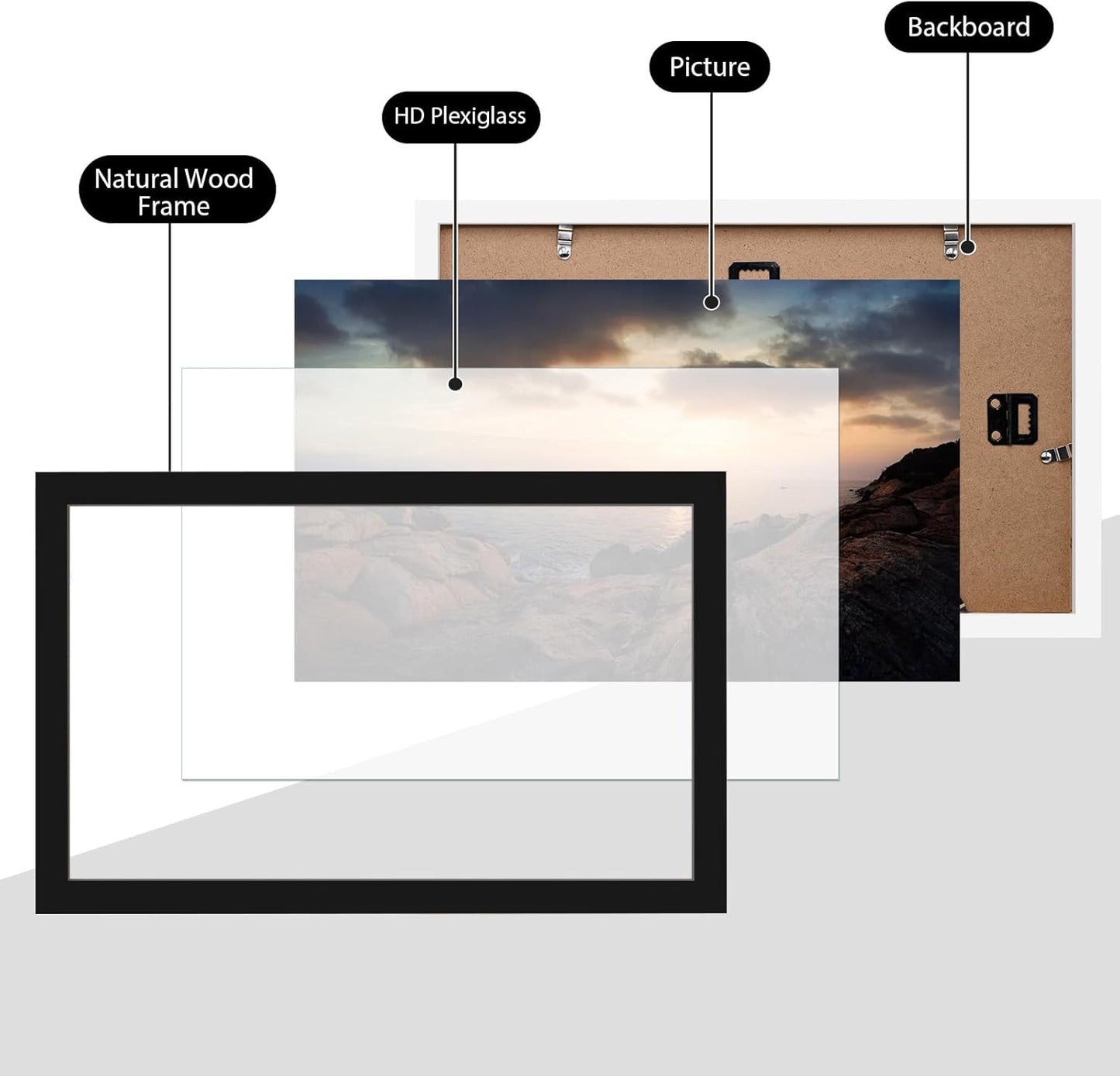 KINLINK 8.5x14 Picture Frame Black, Solid Wood Frames with Acrylic Plexiglass, Tabletop and Wall Display Photo Frame, Set of 4