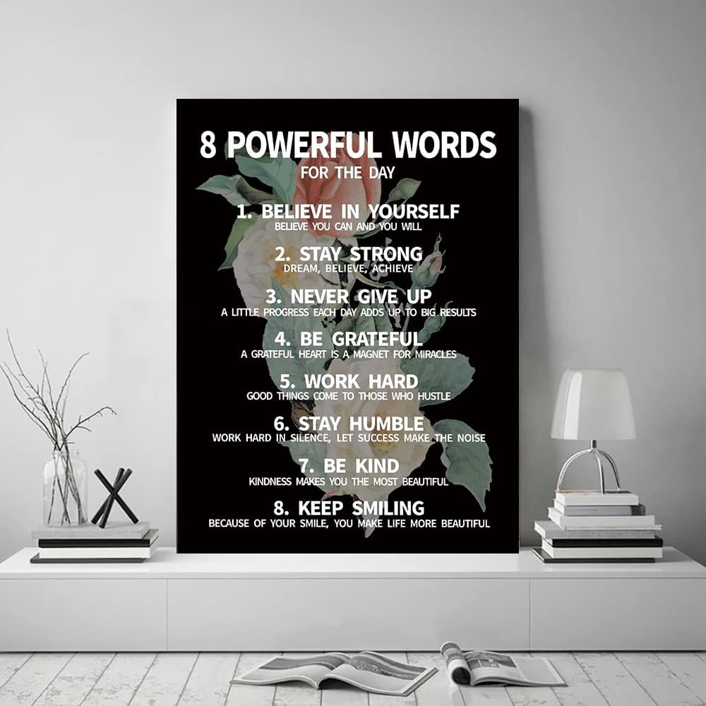 Inspirational Office Quotes Sayings - 8 Powerful Words for The Day Canvas Decoration Paintings with Flower Background Suitable for Office School Library Home Wall Hangings HD Print-12 x16 inch