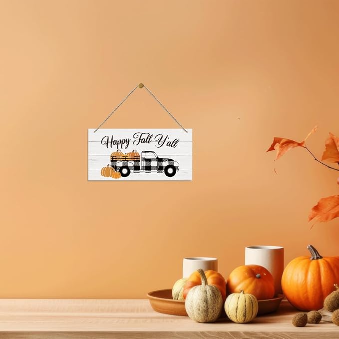 Thanksgiving Decor - Decorative Wood Hanging Plaque, Wooden Wall Art, Fall Pumpkin Truck, Harvest Hanging Wall Door Decoration, Home Farmhouse Decor, Happy Fall Y'all