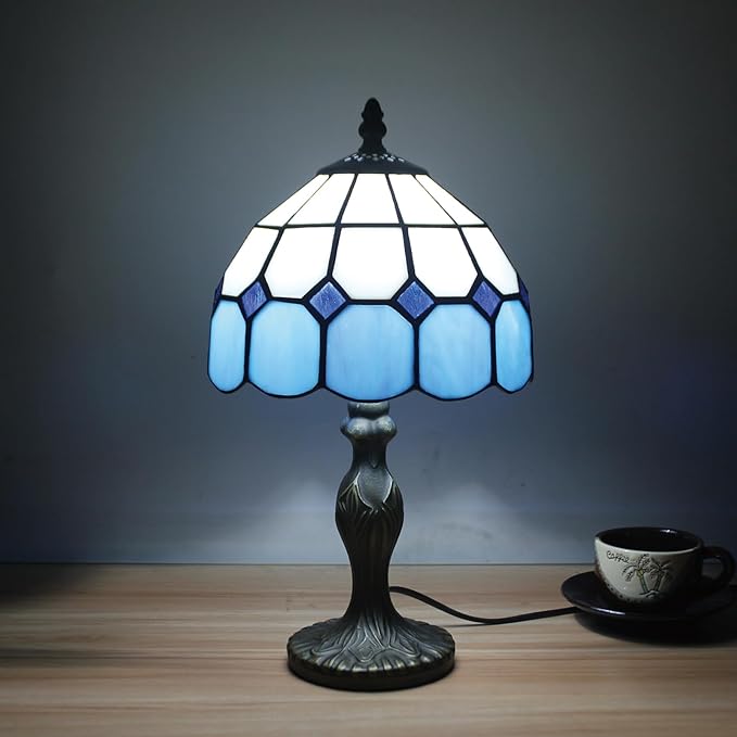 Tiffany Table Lamp 8'', Blue Tiffany Style Table Lamp for Bedroom Study Office Home Stained Glass Lamp