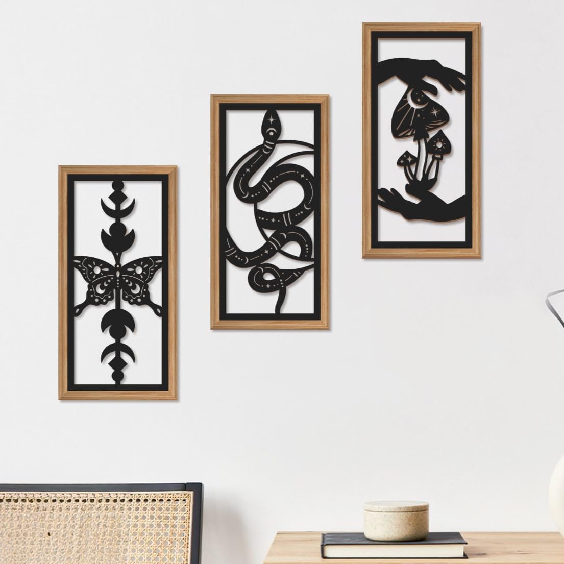 IARTTOP 3 Pcs Black Gothic Wall Art Boho Witchy Moon Phases Butterfly Wood Wall Decor Snake Decor Hanging Art Dark Mushroom Artwork Home Decor for Apartment Living Room Bedroom 7.9 x15.8 Inch