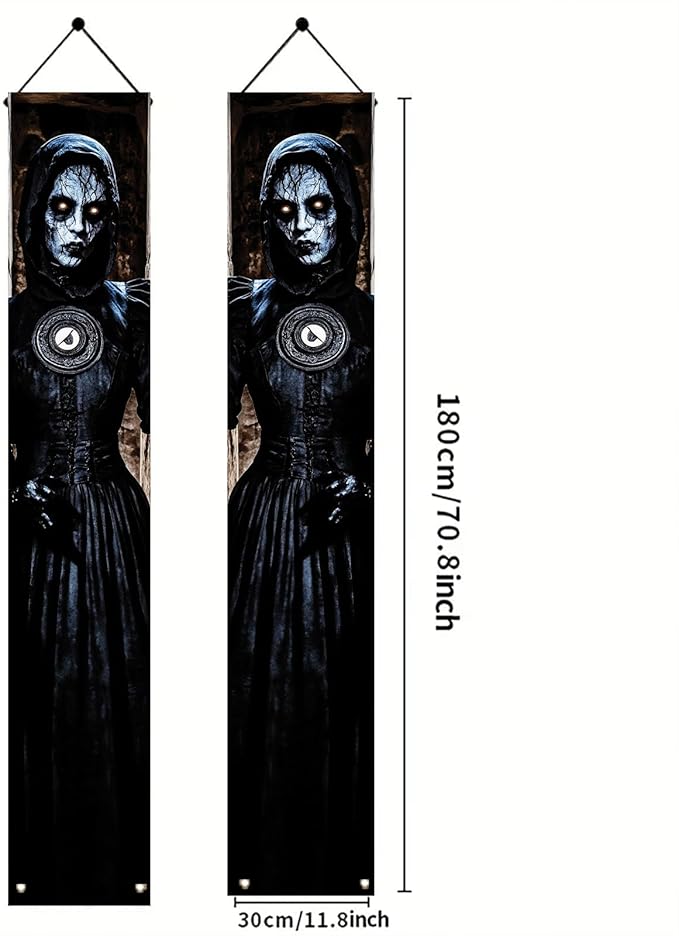 2PCS Halloween Porch Banner Gothic Ghost Lady Vertical Hanging Decorations for Front Door Haunted House Scary Door Sign Spooky Wall Decor Creepy Entrance Party Backdrop 71 x 12 Inch