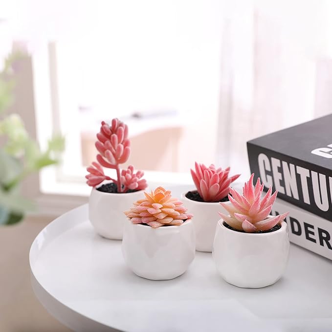 Tiita Artificial Faux Succulents in Pots, Pink Fake Plants Ceramic Arrangement Planter for Women Desk Small Mini Tiny Decoration for Home Office Desk Window 4 Set, Pink