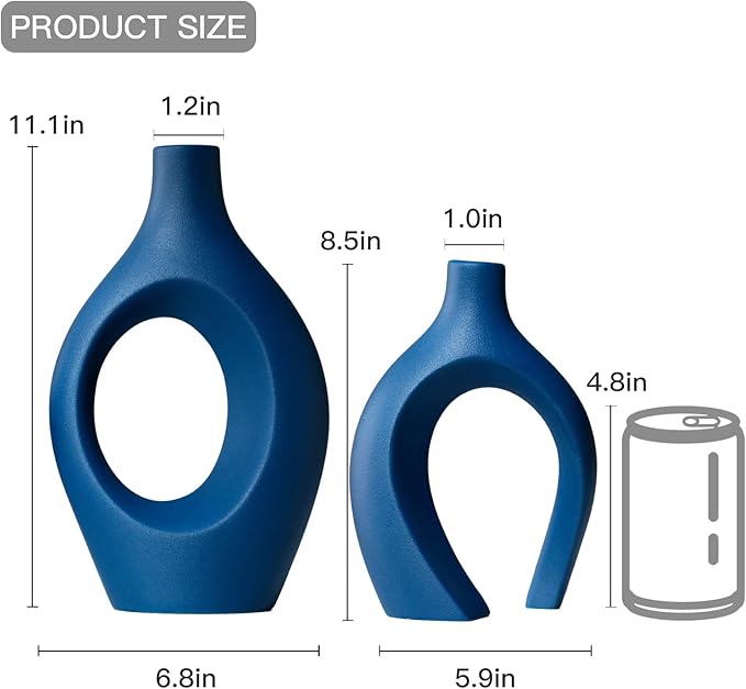 Snuggle Hollow Ceramic Vase Set of 2, 11Inch Nordic Modern Boho ins Style Decorative Ceramic Aesthetic Flower Vases for Home Decor Living Room Shelf Table Decorative (Matte Navy Blue)