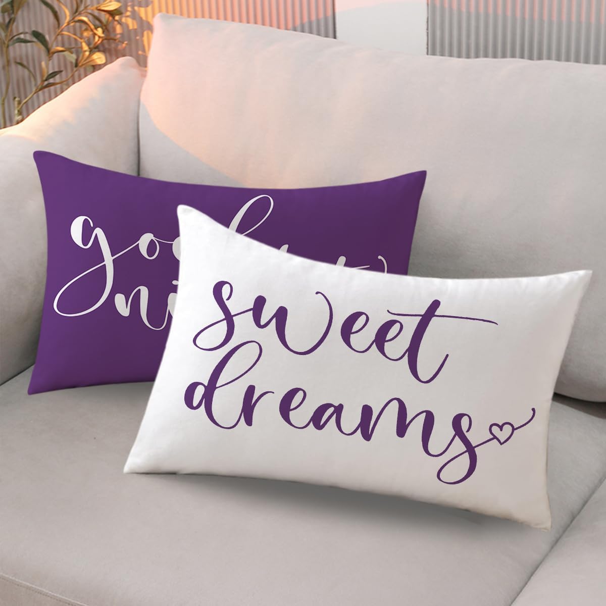 Bedding Decorative Lumbar Pillowcases Sweet Dreams Good Night Cushion Covers Sleep Themed Decorative Throw Pillow Covers 12''x20'',2Pack Super Soft for Bedroom Guest Room Housewarming Gifts (Purple)