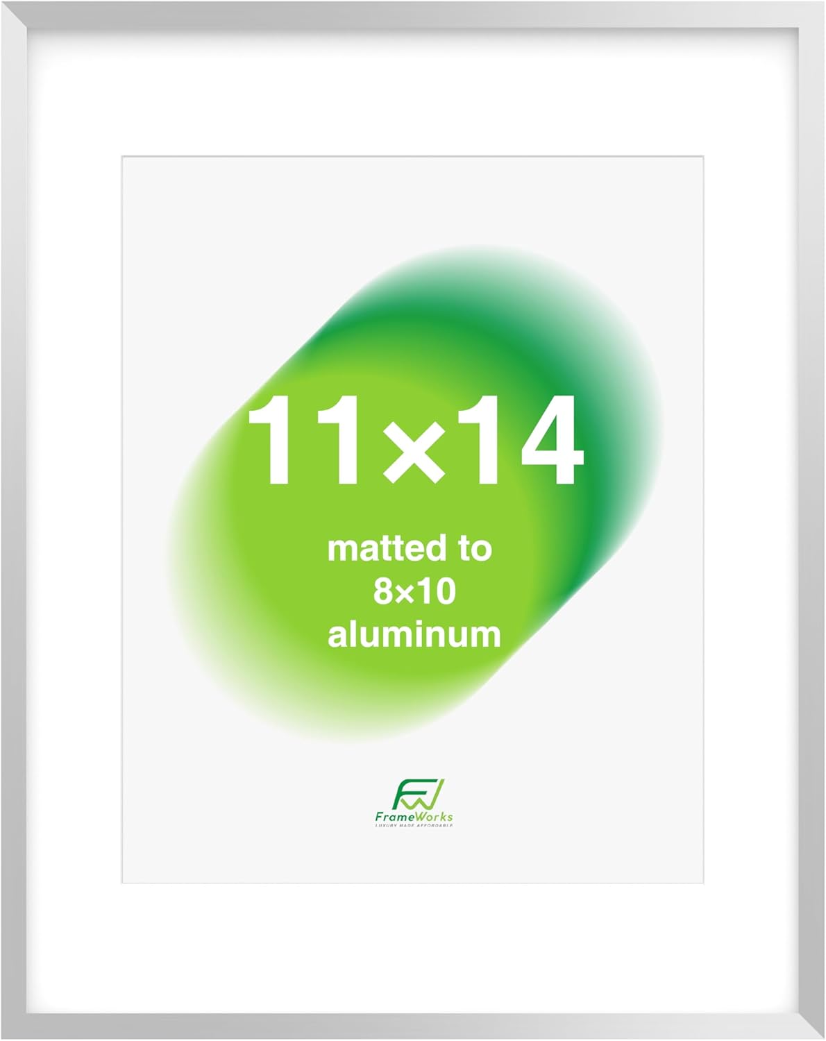 FrameWorks 11x14 Matted to 8x10 Picture Frame – Aluminum Frame w/Tempered Glass, Removable Mat for Photos, Posters, Art, Stylish Wall Frame for Home Decor, Gallery Walls, Office, Living Room - Silver