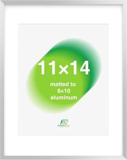 FrameWorks 11x14 Matted to 8x10 Picture Frame – Aluminum Frame w/Tempered Glass, Removable Mat for Photos, Posters, Art, Stylish Wall Frame for Home Decor, Gallery Walls, Office, Living Room - Silver