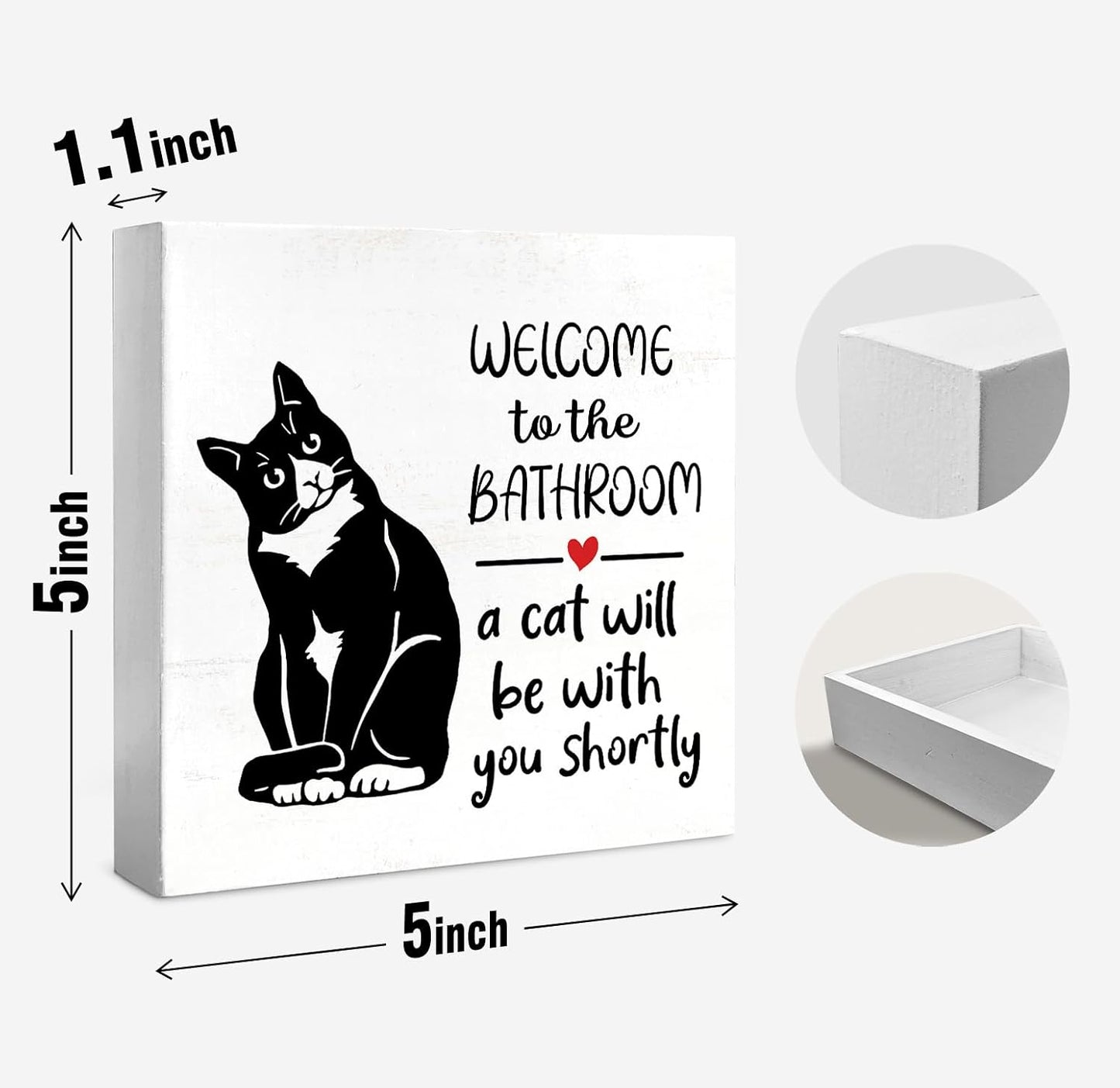 Cute Cat Bathroom Decor and Accessories Desk Wood Box Sign, Black and White Bath Decor Wood Signs, Bath Room Decoration, Welcome To The Bathroom, Gifts for Cats Lovers, 5x5 inch
