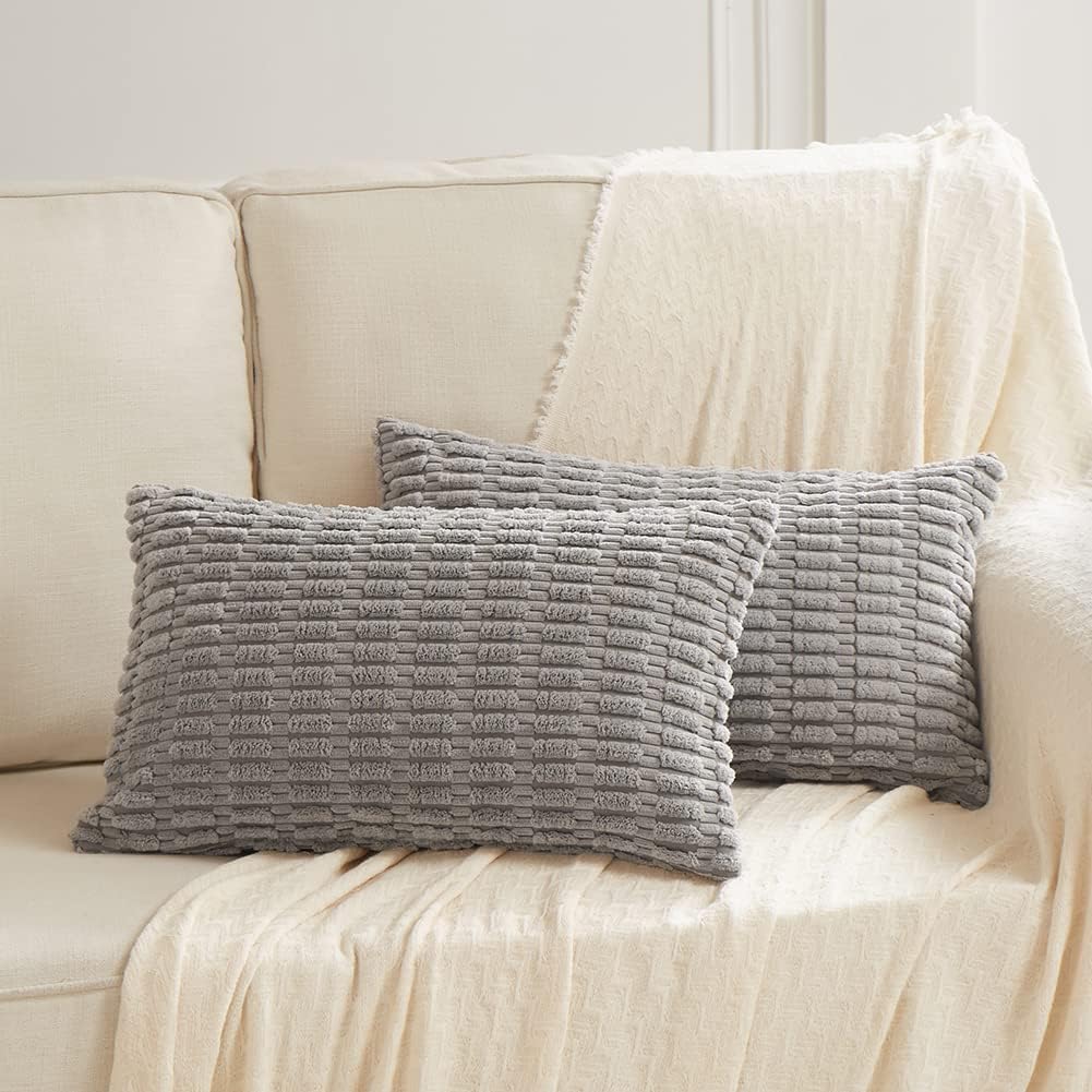 Fancy Homi Gray Decorative Throw Pillow Covers 14x24 Inch for Living Room Couch Bed Sofa, Rustic Farmhouse Boho Home Decor, Soft Striped Corduroy Square Cushion Case 35x60 cm