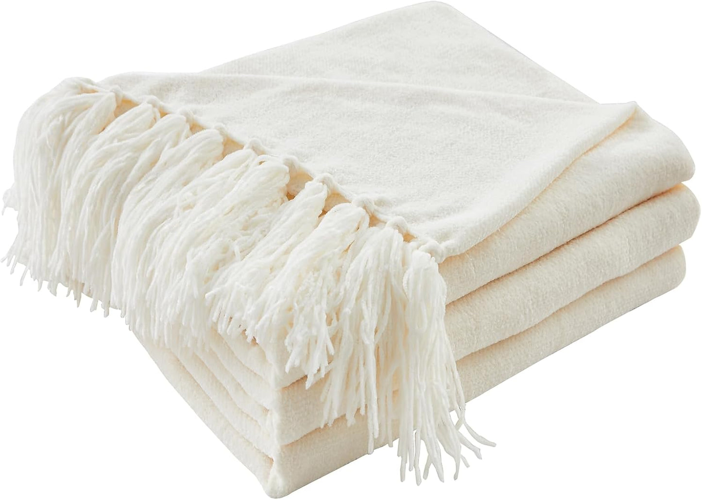 CozeCube Chenille Throw Blanket for Couch, Cozy Plush Fuzzy Decorative Cream White Blanket with Fringe Tassels, Lightweight Throws for Bed Sofa Gift Home Decor, 50"X60"