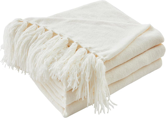 CozeCube Chenille Throw Blanket for Couch, Cozy Plush Fuzzy Decorative Cream White Blanket with Fringe Tassels, Lightweight Throws for Bed Sofa Gift Home Decor, 50"X60"