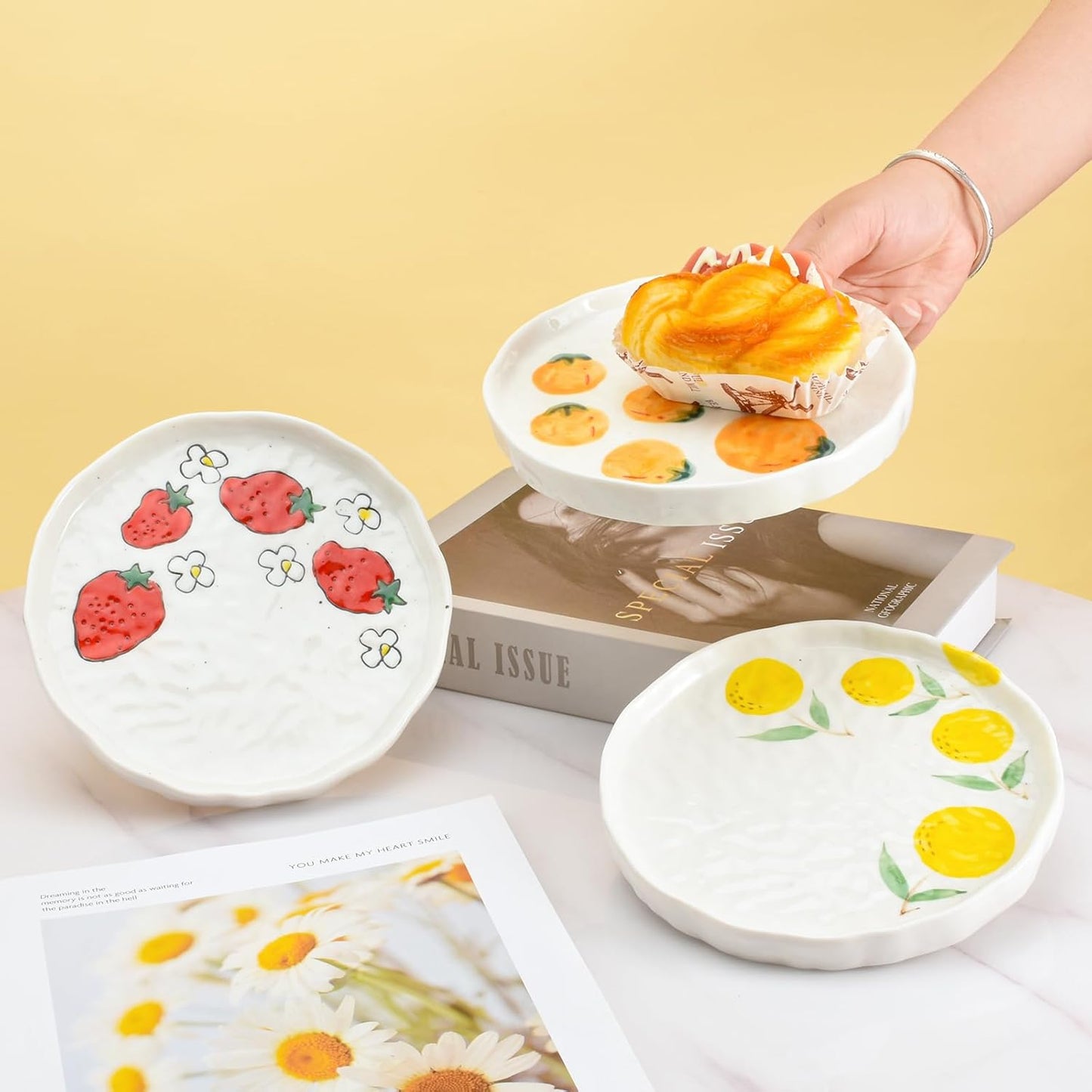 Koythin Ceramic Dinner Plate, Cute Strawberry Creative Plates Design, Printed Flowers Dinnerware for Office and Home, Kitchen Plates for Dessert (Strawberry)