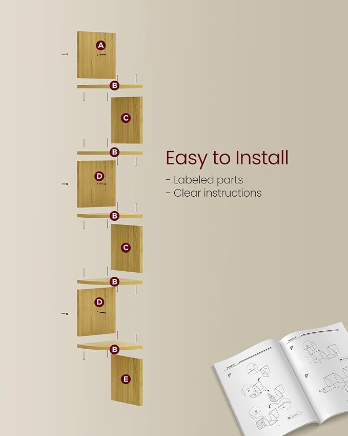 VASAGLE Corner Shelf Wall Mount, 5-Tier Floating Corner Bookshelf, Plant Shelf for Bedroom, Living Room, Bathroom, Home Office, Natural Oak